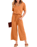 ANRABESS Short Sleeve V Neck Elastic Waist Wide Leg Cropped Pant Jumpsuits Rompers