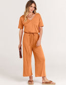 ANRABESS Short Sleeve V Neck Elastic Waist Wide Leg Cropped Pant Jumpsuits Rompers