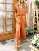ANRABESS Short Sleeve V Neck Elastic Waist Wide Leg Cropped Pant Jumpsuits Rompers