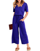 ANRABESS Short Sleeve V Neck Elastic Waist Wide Leg Cropped Pant Jumpsuits Rompers