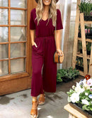 ANRABESS Short Sleeve V Neck Elastic Waist Wide Leg Cropped Pant Jumpsuits Rompers
