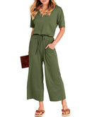ANRABESS Short Sleeve V Neck Elastic Waist Wide Leg Cropped Pant Jumpsuits Rompers