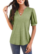 Women's V Neck Puff Sleeve Basic T-shirt (Buy 3 Free Shipping)