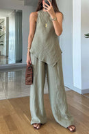 Women's casual irregular hem sleeveless cotton and linen two-piece set