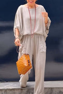 Women's casual bat sleeve top and pants cotton and linen two-piece set