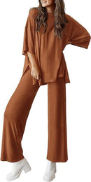 Casual 2-Piece Loose-Fit Short Sleeve Top & Wide-Leg Pants Set with Pockets