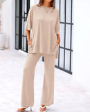 Casual 2-Piece Loose-Fit Short Sleeve Top & Wide-Leg Pants Set with Pockets
