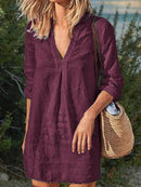 Casual V-Neck Cotton and Linen Dress