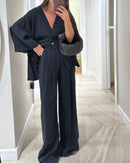 Casual V-Neck Top & Pants Two-Piece Set